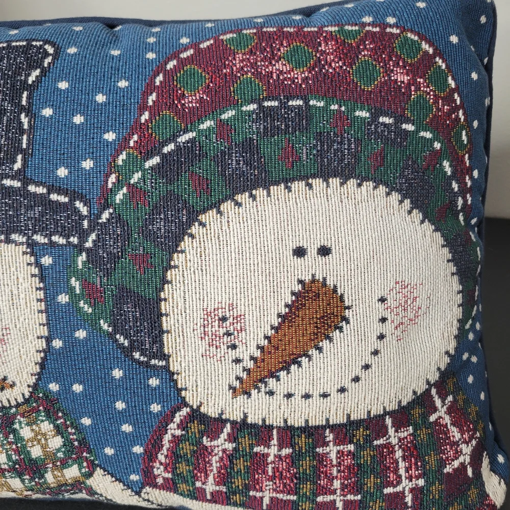 Vtg Tapestry Festive Snowman Decorative Pillow - Blue and Multicolor